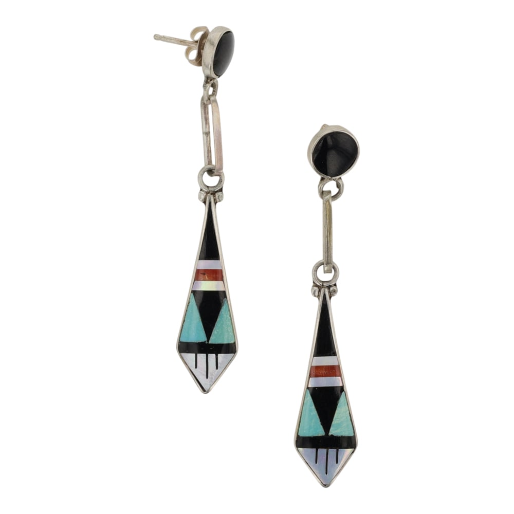 Zuni Turquoise Coral Mother of Pearl Inlay Earrings: Sterling Silver | Genuine Turquoise, Coral & Mother of Pearl | Zuni Turquoise Coral Mother of Pearl Inlay Earrings | Zuni Native American Southwest Indian Jewelry | Good (no breaks or damages) |