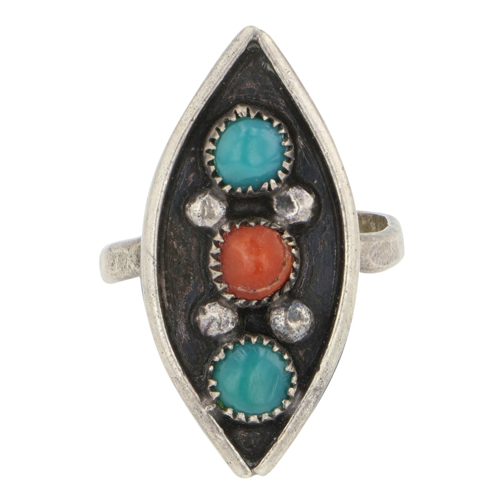 Vintage Navajo Turquoise & Coral Three Stone Ring: Sterling Silver | Genuine Turquoise & Coral | Vintage Navajo Turquoise & Coral Three Stone Ring | Navajo Native American Southwest Indian Jewelry | Good (no breaks or damages) | Approximate Weight: 4