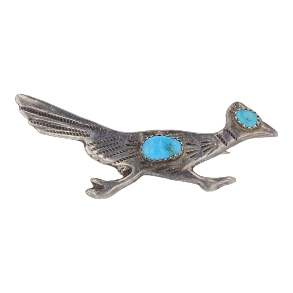 Vintage Navajo Kingman Turquoise Roadrunner Pin (1 of 2)