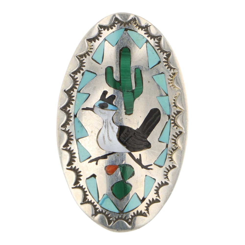 Quentin Quam Award Winning Zuni Turquoise Coral Mother of Pearl Acoma Jet & Malachite Inlay Ring: Sterling Silver | Genuine Turquoise, Mother of Pearl, Acoma Jet & Malachite | Quentin Quam Award Winning Zuni Turquoise Coral Mother of Pearl Acoma Jet & Malachite Inlay Ring | Zuni Native American So