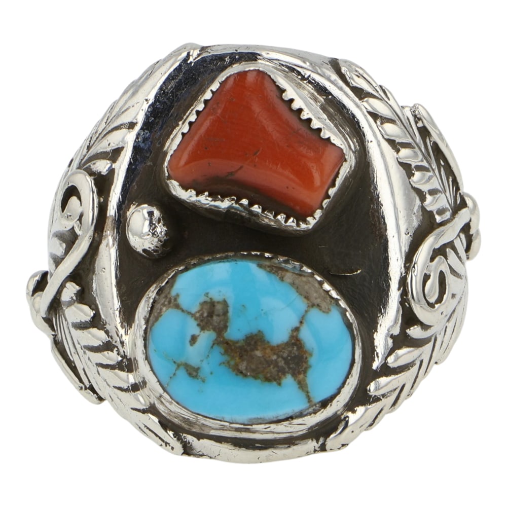 Navajo Turquoise & Coral Men's Ring: Sterling Silver | Genuine Turquoise & Coral | Navajo Turquoise & Coral Men's Ring | Navajo Native American Southwest Indian Jewelry | Good (no breaks or damages) | Approximate Weight: 21 Grams | Ring:
