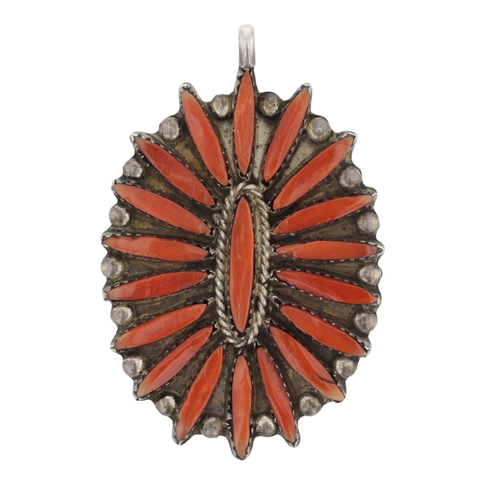 Vintage Zuni Mediterranean Coral Needlepoint Pendant: Sterling Silver | Genuine Mediterranean Coral | Vintage Zuni Mediterranean Coral Needlepoint Pendant | Zuni Native American Southwest Indian Jewelry | Good (no breaks or damages) | Approximate Weight: