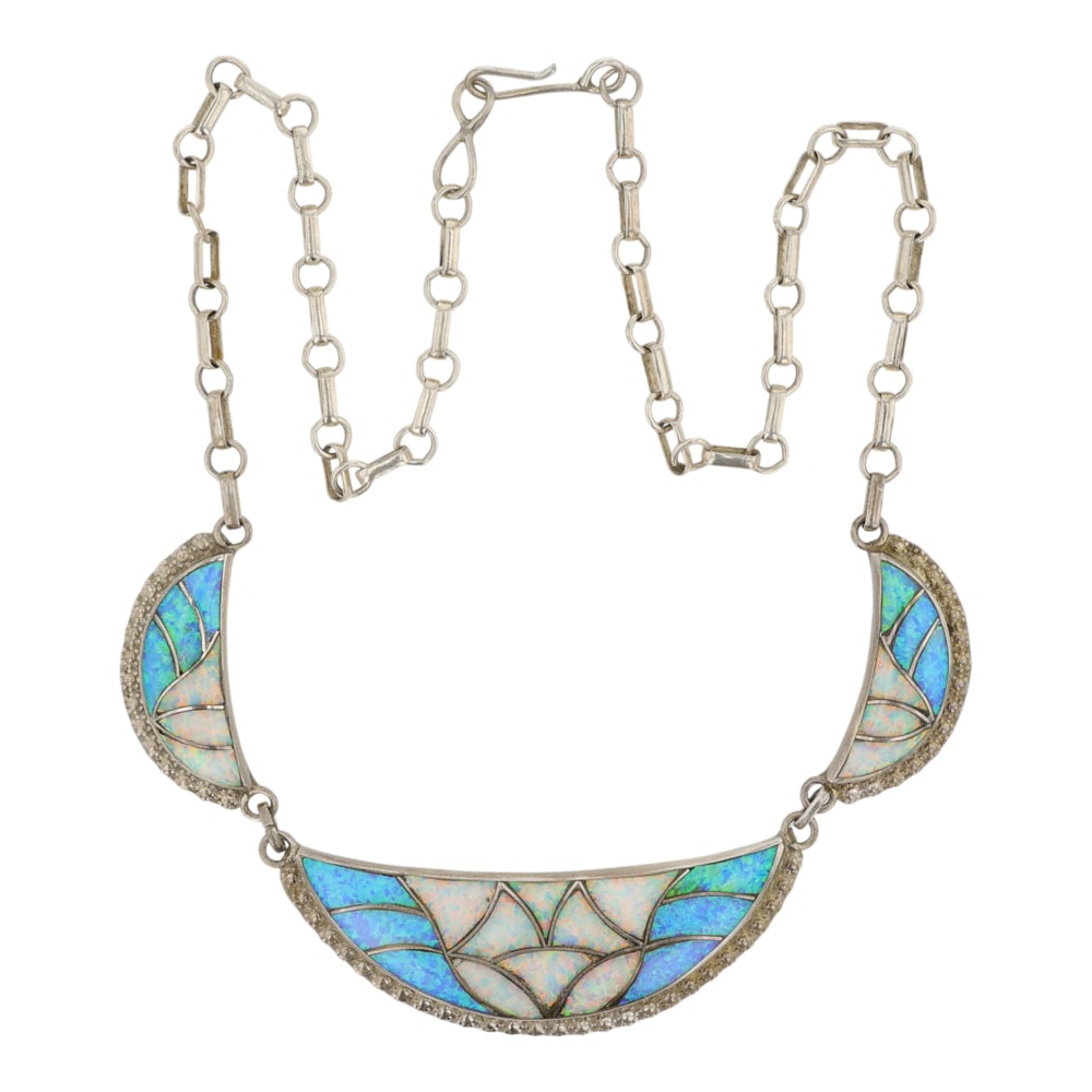 Orlinda Natewa Zuni Synthetic Opal Inlay Necklace: Sterling Silver | Synthetic Opal | Orlinda Natewa Zuni Synthetic Opal Inlay Necklace | Zuni Native American Southwest Indian Jewelry | Good (no breaks or damages) | Approximate Weight: 34 Grams | Neck
