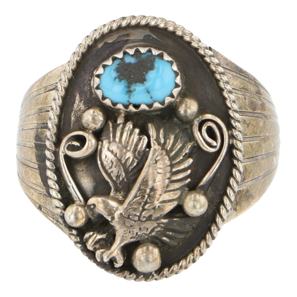 Navajo Kingman Turquoise Flying Eagle Ring: Sterling Silver | Genuine Kingman Turquoise | Navajo Kingman Turquoise Flying Eagle Ring | Navajo Native American Southwest Indian Jewelry | Good (no breaks or damages) | Approximate Weight: 8 Grams |