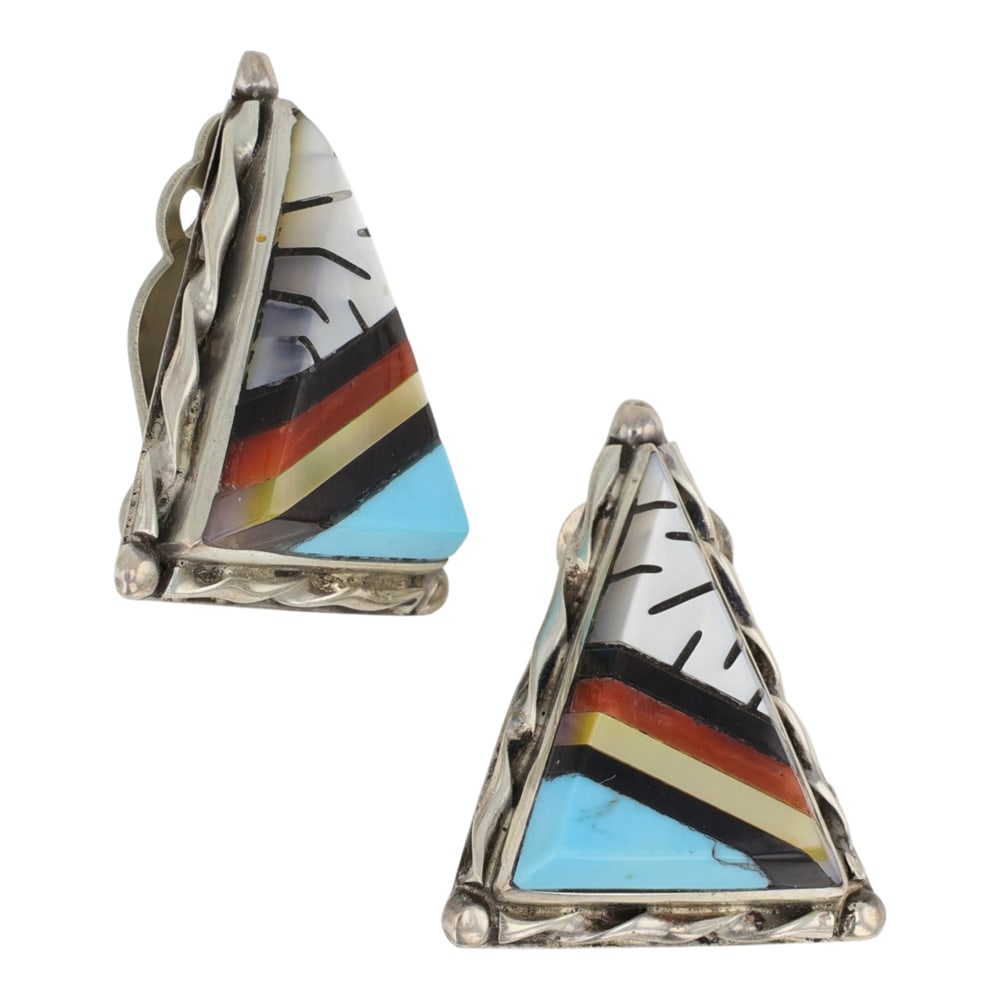 Vintage Zuni Turquoise Coral Mother of pearl Acoma Jet & Shell Inlay Clip-on Earrings: Sterling Silver | Genuine Turquoise, Coral, Mother of Pearl, Acoma Jet & Shell | Vintage Zuni Turquoise Coral Mother of pearl Acoma Jet & Shell Inlay Clip-on Earrings | Zuni Native American Southwest
