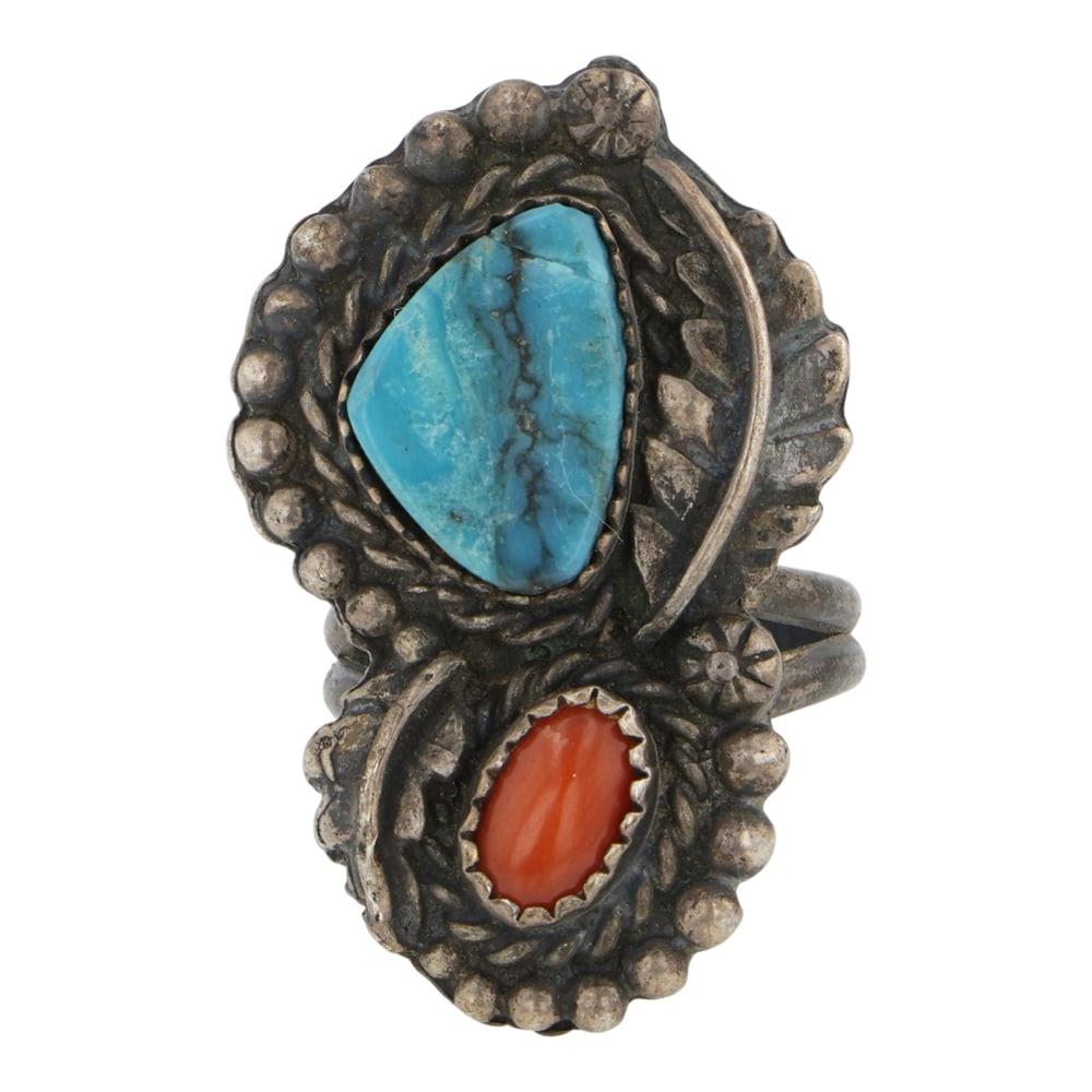 Vintage Navajo Turquoise & Coral Ring: Sterling Silver | Genuine Turquoise & Coral | Vintage Navajo Turquoise & Coral Ring | Navajo Native American Southwest Indian Jewelry | Good (no breaks or damages) | Approximate Weight: 10 Grams | Rin