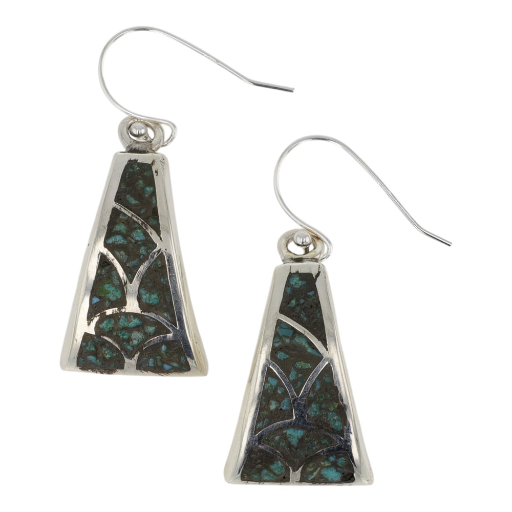 Navajo Turquoise Chip Inlay Earrings: Sterling Silver | Genuine Turquoise | Navajo Turquoise Chip Inlay Earrings | Navajo Native American Southwest Indian Jewelry | Good (no breaks or damages) | Approximate Weight: 11 Grams | Earrings: 1.