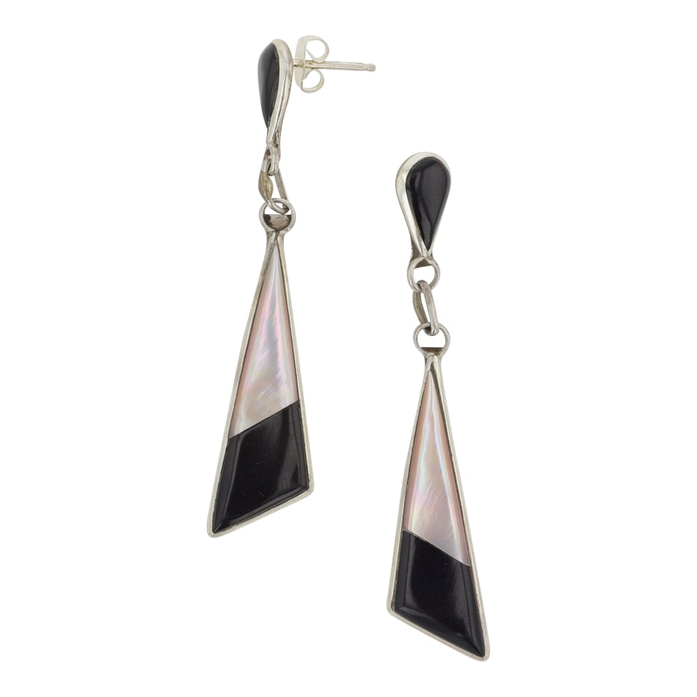 Zuni Pink Mussel Shell & Acoma Het Inlay Earrings: Sterling Silver | Genuine Pink Mussel Shell & Acoma Jet | Zuni Pink Mussel Shell & Acoma Het Inlay Earrings | Zuni Native American Southwest Indian Jewelry | Good (no breaks or damages) | Approximate