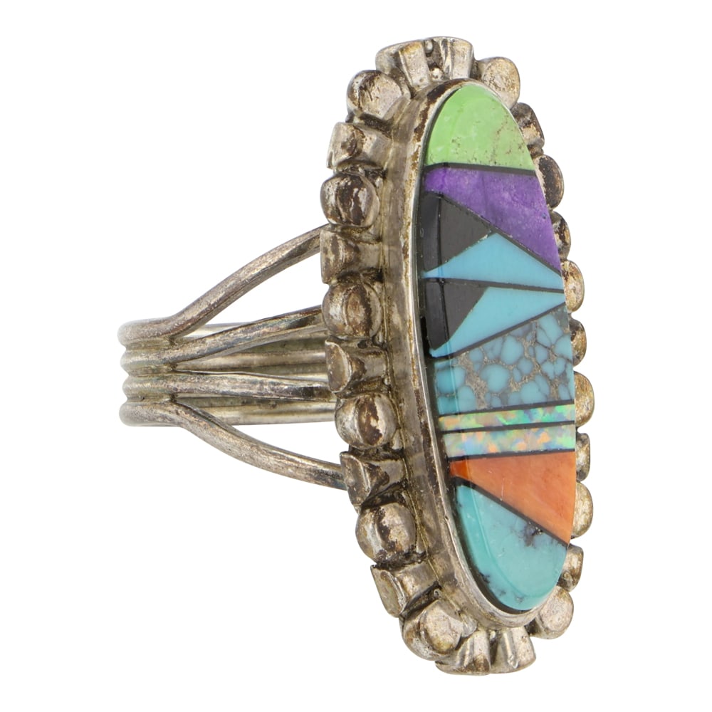 Navajo Turquoise Spiny Oyster Charoite Gaspeite & Synthetic Opal inlay Multi Color Ring: Sterling Silver | Genuine Turquoise, Spiny Oyster, Charoite, Gaspeite & Synthetic Opal | Navajo Turquoise Spiny Oyster Charoite Gaspeite & Synthetic Opal inlay Multi Color Ring | Navajo Native America