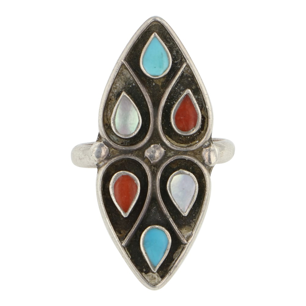 Vintage Zuni Turquoise Coral & Mother of Pearl Ring (1 of 3)