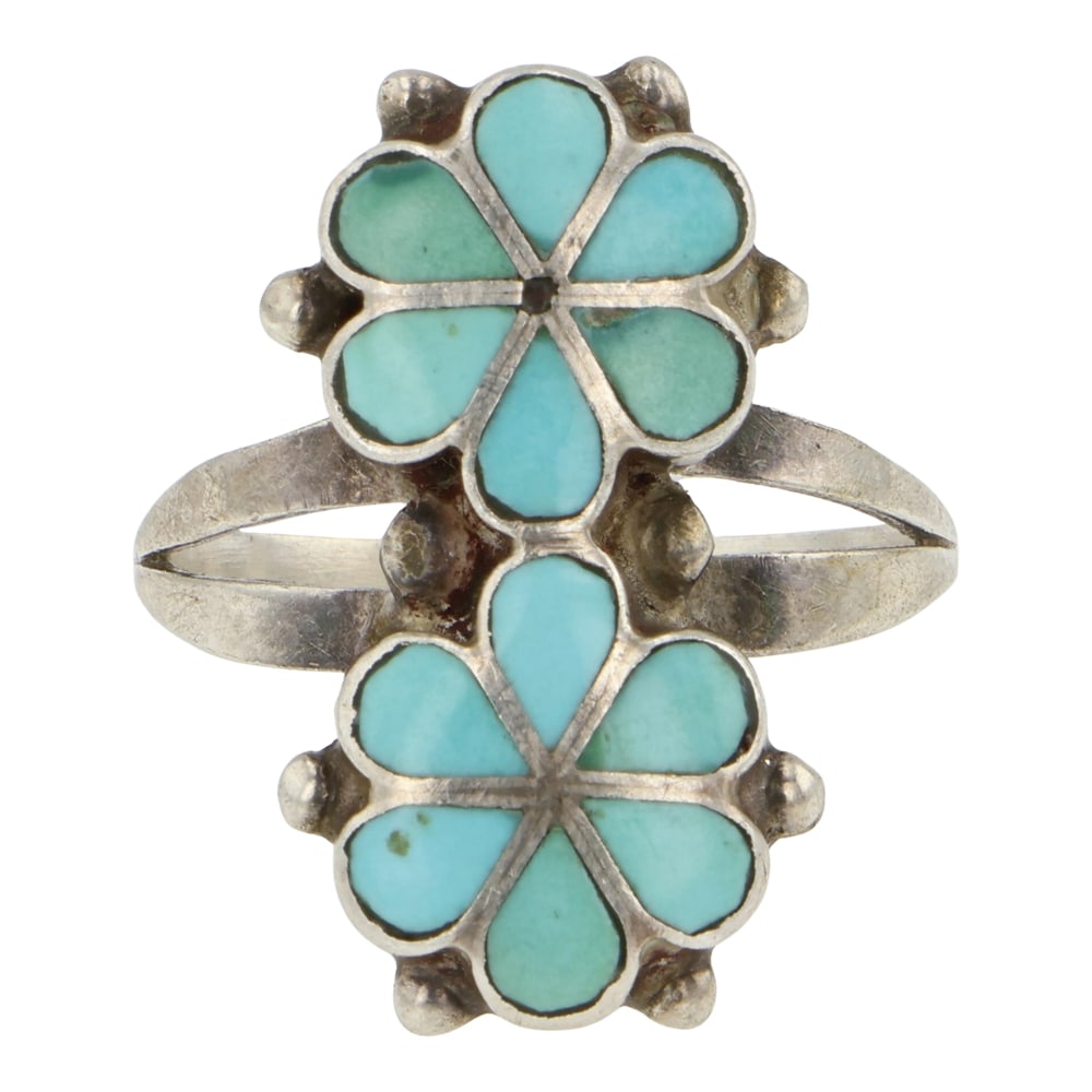 Vintage Zuni Sleeping Beauty Turquoise Inlay Ring: Sterling Silver | Genuine Sleeping Beauty Turquoise | Vintage Zuni Sleeping Beauty Turquoise Inlay Ring | Navajo Native American Southwest Indian Jewelry | Good (no breaks or damages) | Approximate We