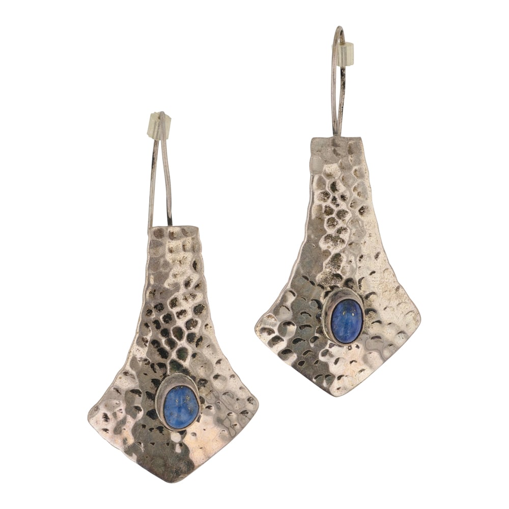 Navajo Denim Lapis Hammered Texture Earrings: Sterling Silver | Genuine Denim Lapis | Navajo Denim Lapis Hammered Texture Earrings | Navajo Native American Southwest Indian Jewelry | Good (no breaks or damages) | Approximate Weight: 7 Grams | Ear