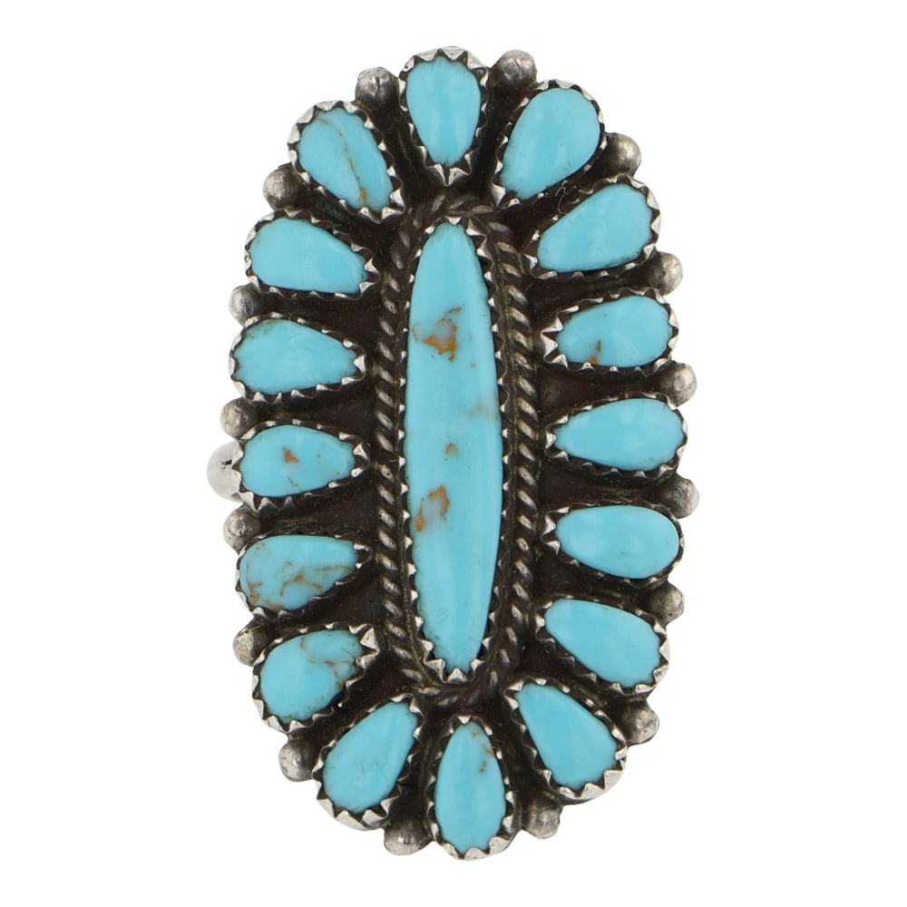 Navajo Cluster Block Ring: Sterling Silver | Block | Navajo Cluster Block Ring | Navajo Native American Southwest Indian Jewelry | Good (no breaks or damages) | Approximate Weight: 8 Grams | Ring: 8 size, 1.5" x .75" face | Sig
