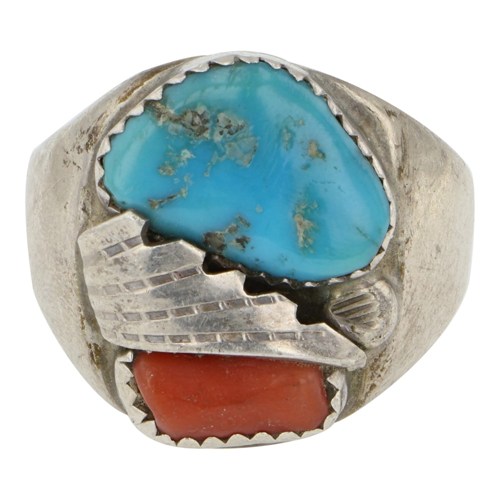 Vintage Navajo Turquoise & Coral Men's Ring: Sterling Silver | Genuine Turquoise & Coral | Vintage Navajo Turquoise & Coral Men's Ring | Navajo Native American Southwest Indian Jewelry | Good (no breaks or damages) | Approximate Weight: 17 Grams