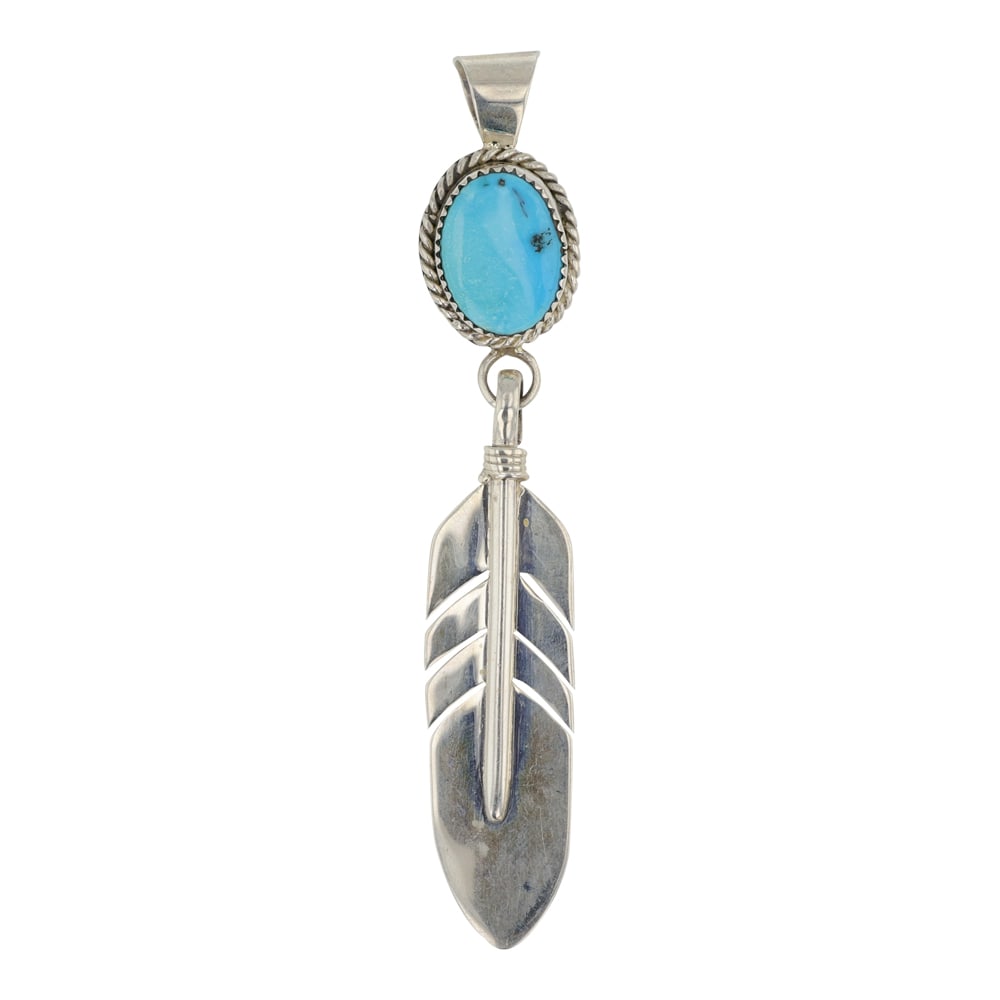 Navajo Kingman Turquoise Feather Pendant: Sterling Silver | Genuine Kingman Turquoise | Navajo Kingman Turquoise Feather Pendant | Navajo Native American Southwest Indian Jewelry | Good (no breaks or damages) | Approximate Weight: 12