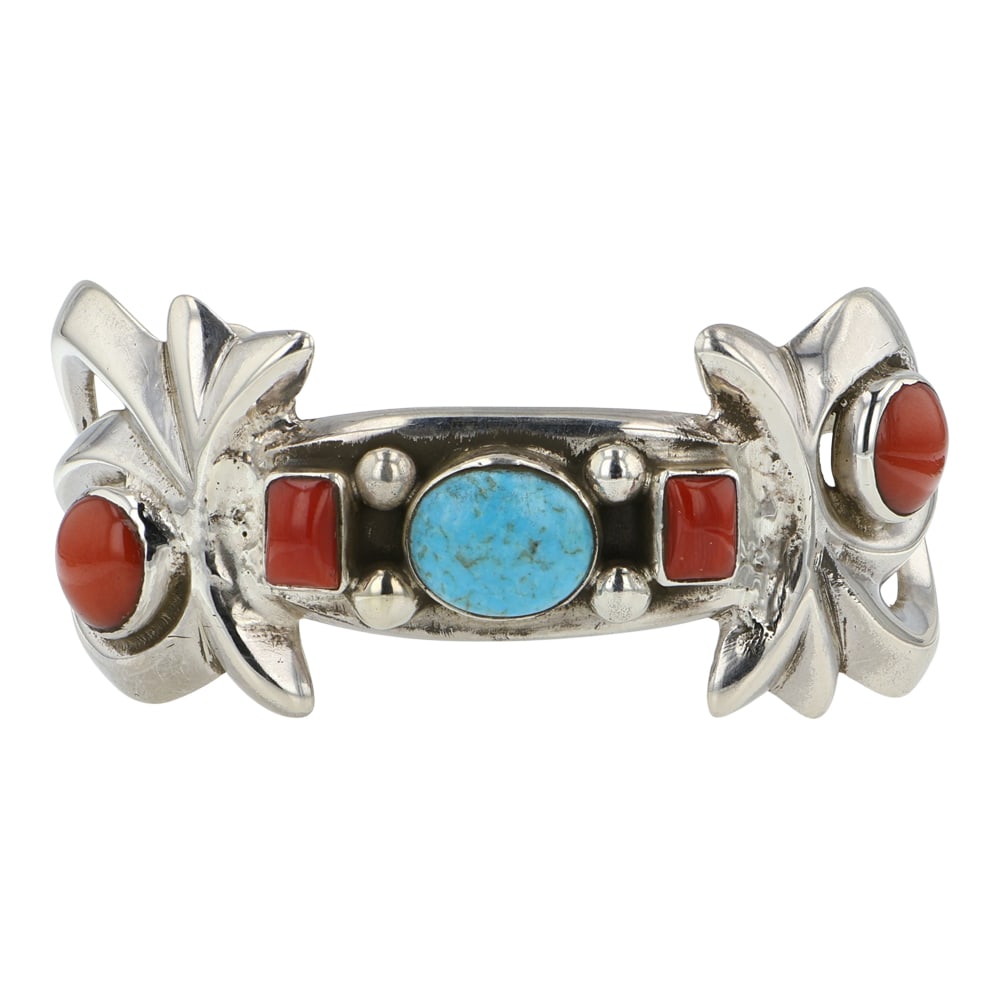 Navajo Turquoise & Coral Sandcast Cuff Bracelet: Sterling Silver | Genuine Turquoise & Coral | Navajo Turquoise & Coral Sandcast Cuff Bracelet | Navajo Native American Southwest Indian Jewelry | Good (no breaks or damages) | Approximate Weight: