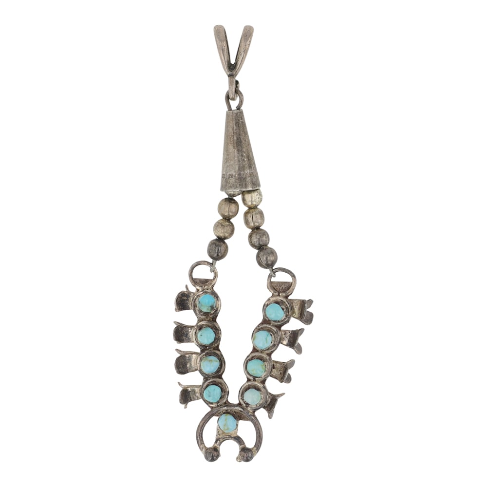 Vintage Navajo Turquoise Mini Squash Blossom Pendant: Sterling Silver | Genuine Turquoise | Vintage Navajo Turquoise Mini Squash Blossom Pendant | Navajo Native American Southwest Indian Jewelry | Good (no breaks or damages) | Approximate Weight: 5