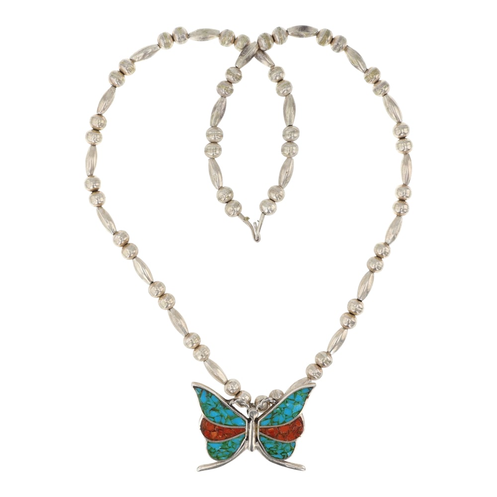 Vintage Navajo Turquoise & Coral Chip Inlay Butterfly Necklace: Sterling Silver | Genuine Turquoise & Coral | Vintage Navajo Turquoise & Coral Chip Inlay Butterfly Necklace | Navajo Native American Southwest Indian Jewelry | Good (no breaks or damages) |