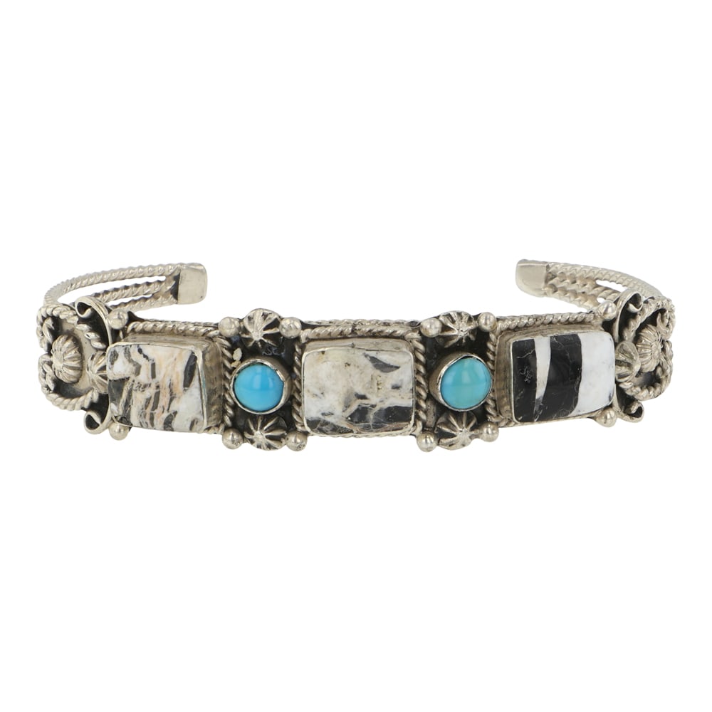 RB Navajo Turquoise & White Buffalo Cuff Bracelet: Sterling Silver | Genuine Turquoise & White Buffalo | RB Navajo Turquoise & White Buffalo Cuff Bracelet | Navajo Native American Southwest Indian Jewelry | Good (no breaks or damages) |