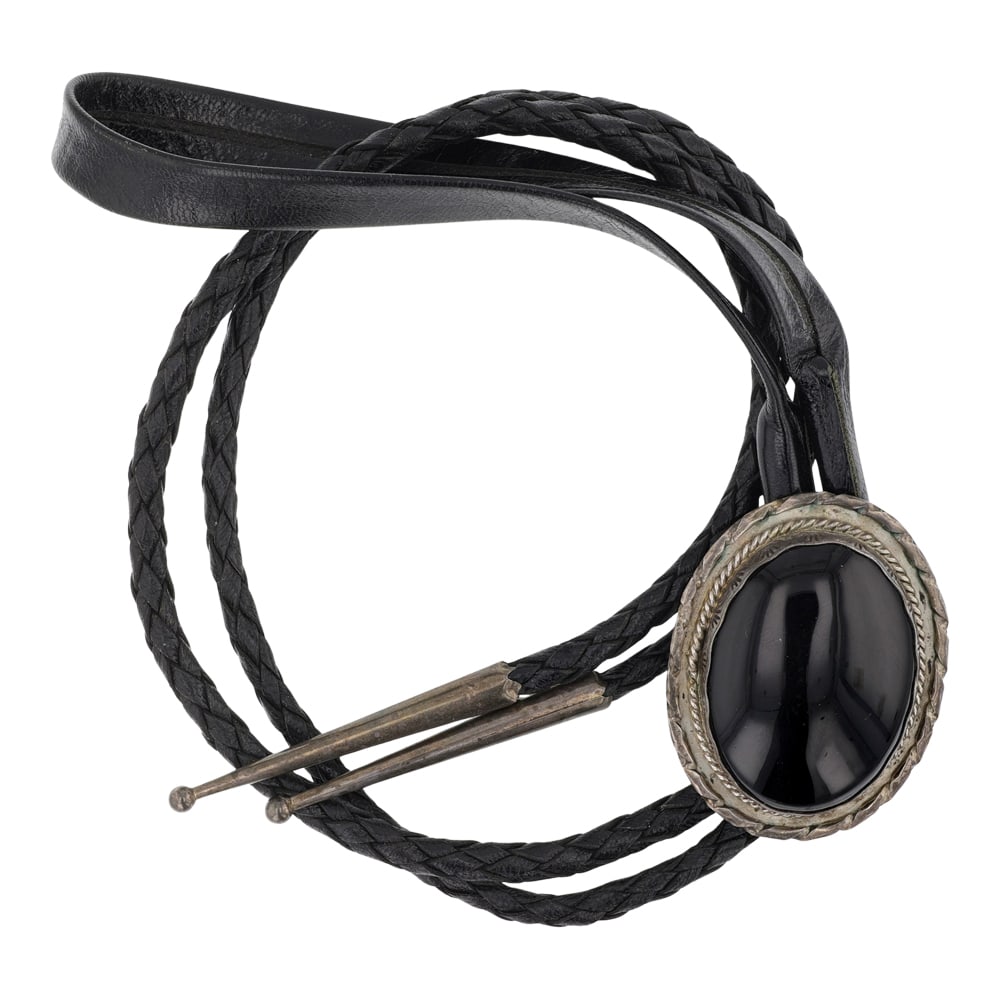 Vintage Navajo Black Onyx Bolo Tie: Sterling Silver | Genuine Black Onyx | Vintage Navajo Black Onyx Bolo Tie | Navajo Native American Southwest Indian Jewelry | Good (no breaks or damages) | Approximate Weight: 48 Grams | Bolo: 22" len