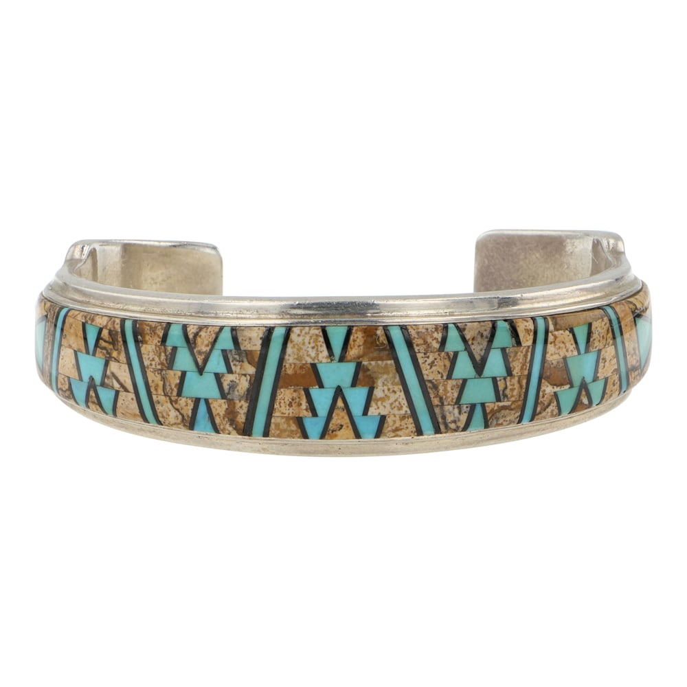 Calvin Begay Navajo Turquoise Acoma Jet & Picture Jasper Rug Pattern Inlay Cuff Bracelet: Sterling Silver | Genuine Turquoise. Acoma Jet & Picture Jasper | Calvin Begay Navajo Turquoise Acoma Jet & Picture Jasper Rug Pattern Inlay Cuff Bracelet | Navajo Native American Southwest Indian Jew