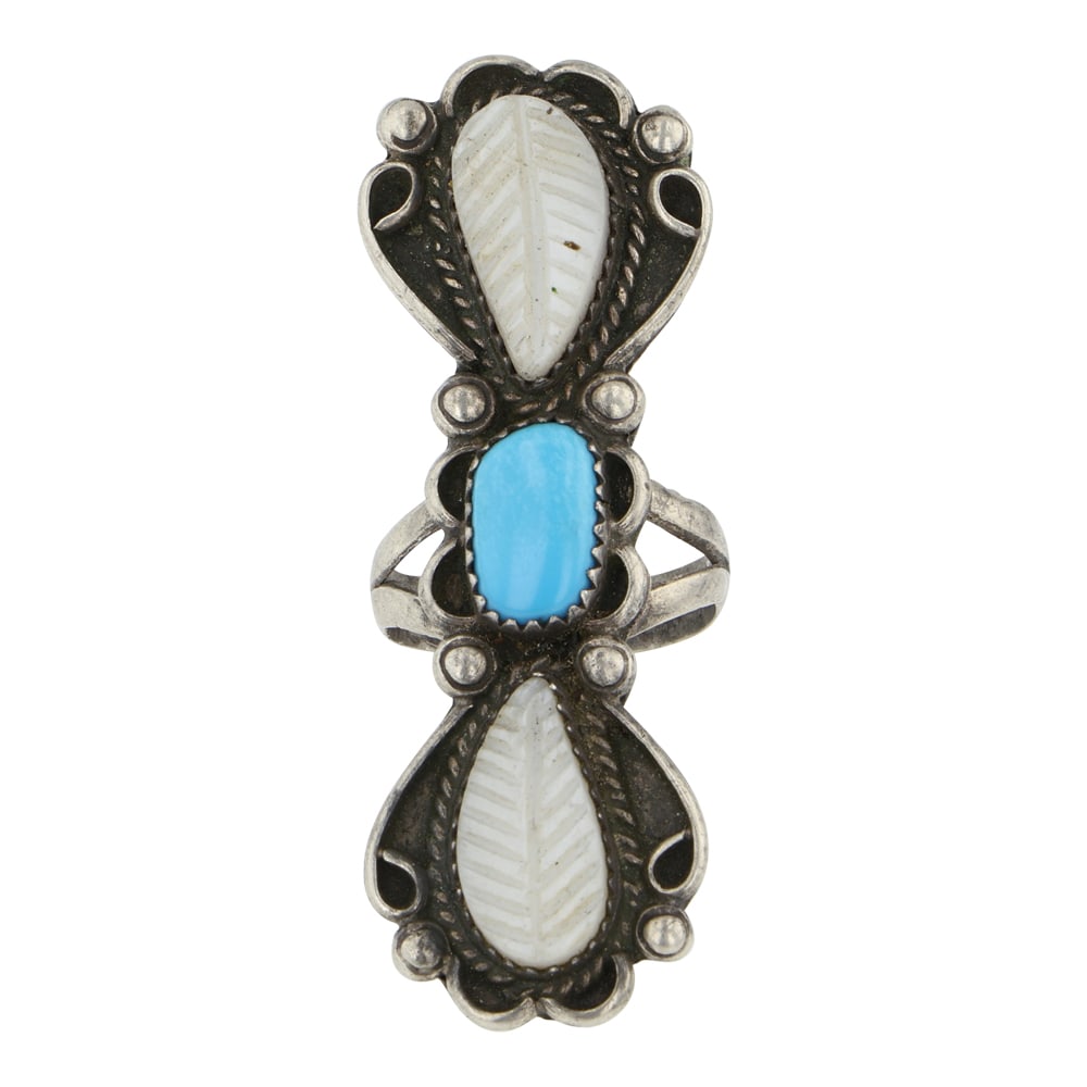 Vintage Zuni Turquoise Carved Mother of Pearl Three Stone Ring (1 of 3)