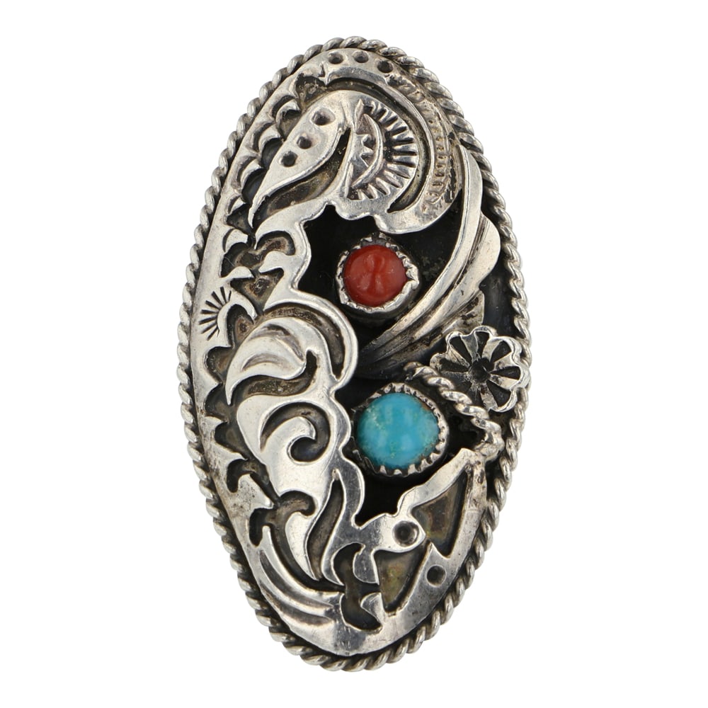 Navajo Coral & Turquoise Stamp Work Ring: Sterling Silver | Genuine Turquoise & Coral | Navajo Coral & Turquoise Stamp Work Ring | Navajo Native American Southwest Indian Jewelry | Good (no breaks or damages) | Approximate Weight: 8 Grams | R