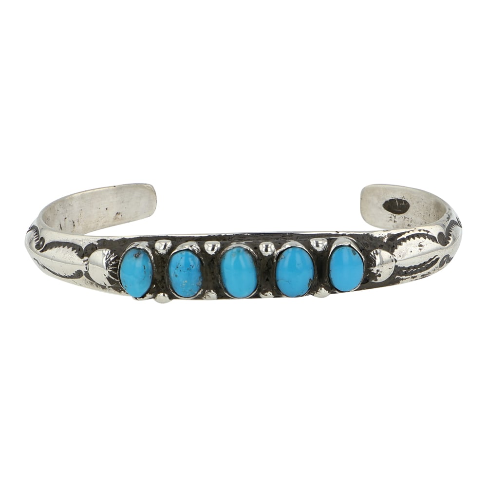 Navajo Kingman Turquoise Triangle Wire Stamp Cuff Bracelet: Sterling Silver | Genuine Kingman Turquoise | Navajo Kingman Turquoise Triangle Wire Stamp Cuff Bracelet | Navajo Native American Southwest Indian Jewelry | Good (no breaks or damages) | Approximate W