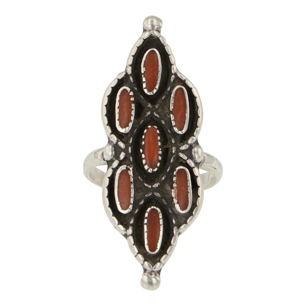 Vintage Zuni Mediterranean Coral Ring: Sterling Silver | Genuine Mediterranean Coral | Vintage Zuni Mediterranean Coral Ring | Navajo Native American Southwest Indian Jewelry | Good (no breaks or damages) | Approximate Weight: 5 Grams | Ri