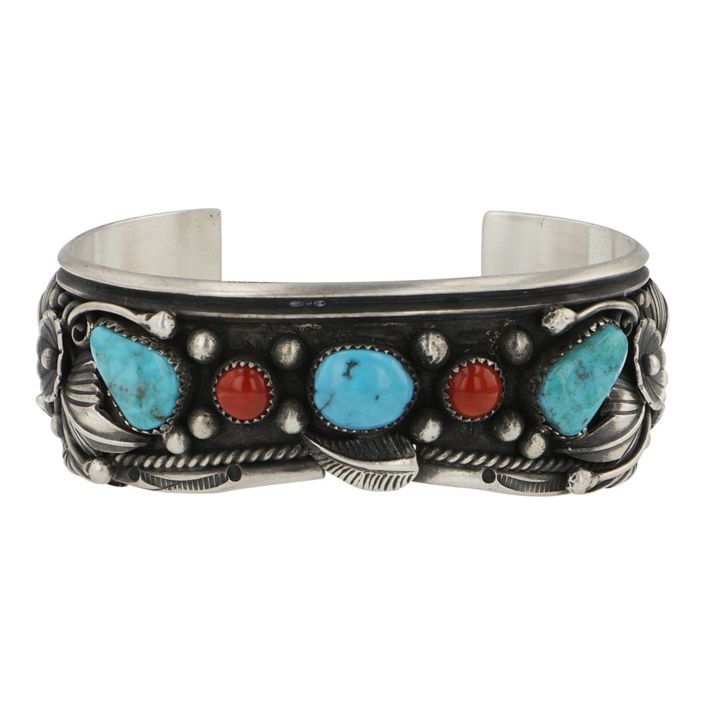 Navajo Turquoise & Coral Leaf work Cuff Bracelet: Sterling Silver | Genuine Turquoise & Coral | Navajo Turquoise & Coral Leaf work Cuff Bracelet | Navajo Native American Southwest Indian Jewelry | Good (no breaks or damages) | Approximate Weight: