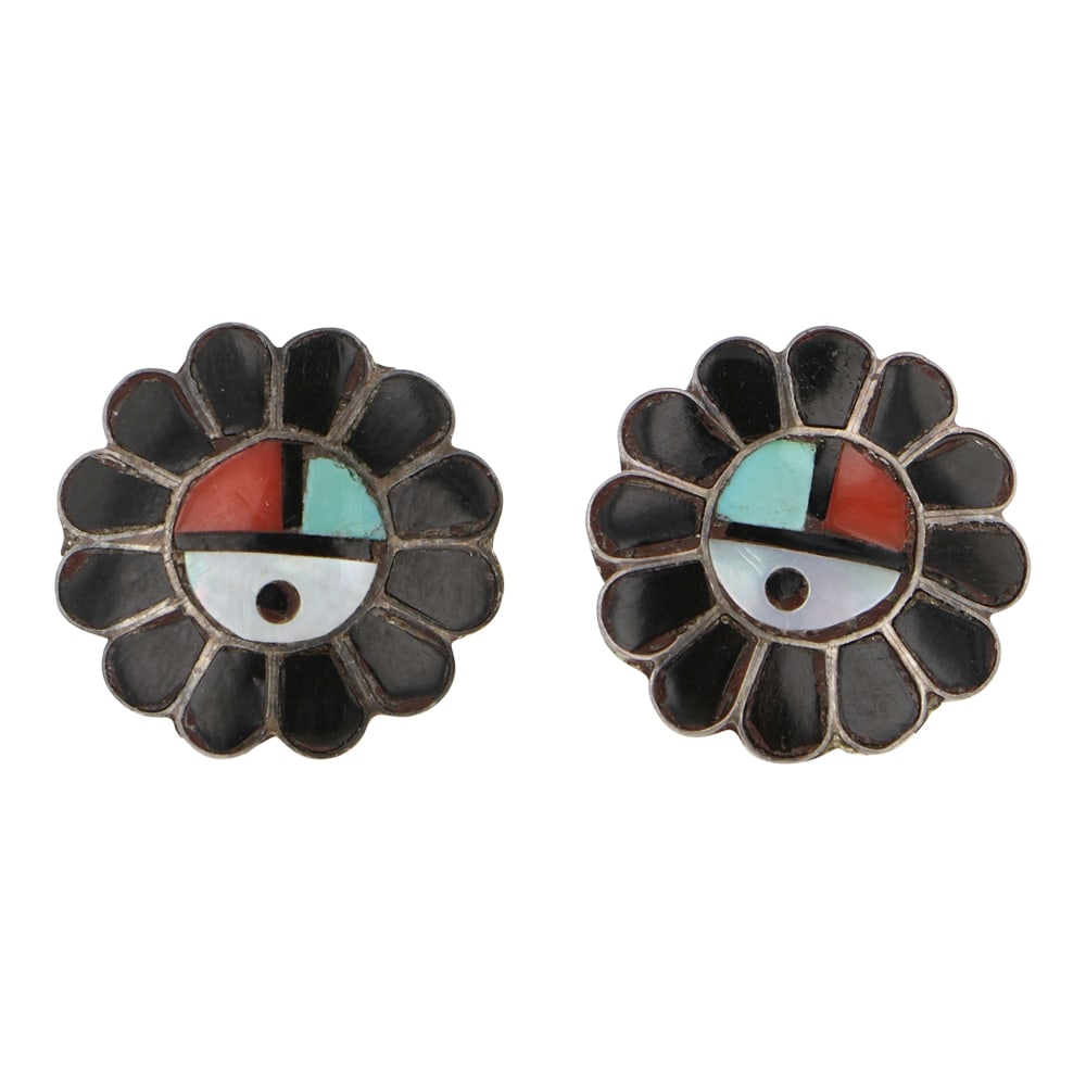 Vintage Zuni Turquoise Coral Mother of Pearl & Acoma Jet Inlay Earrings: Sterling Silver | Genuine Turquoise, Coral, Mother of Pearl & Acoma Jet | Vintage Zuni Turquoise Coral Mother of Pearl & Acoma Jet Inlay Earrings | Zuni Native American Southwest Indian Jewelry |