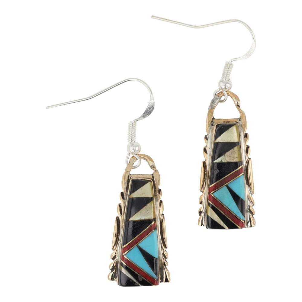 Zuni Turquoise Coral Acoma Jet & Shell Inlay Earrings (1 of 2)