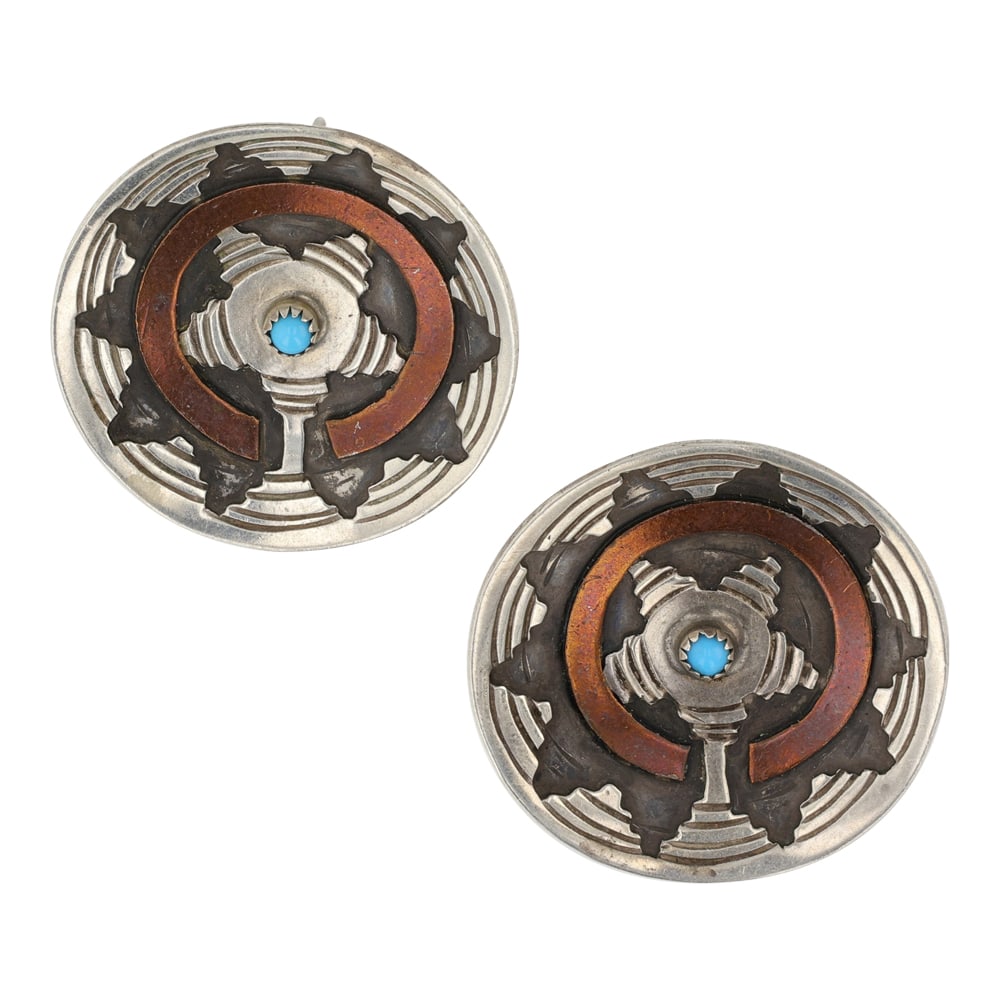 Navajo Kingman Turquoise Sterling Silver & Copper Basker Earrings: Sterling Silver | Genuine Kingman Turquoise | Navajo Kingman Turquoise Sterling Silver & Copper Basker Earrings | Navajo Native American Southwest Indian Jewelry | Good (no breaks or damages) | Approx