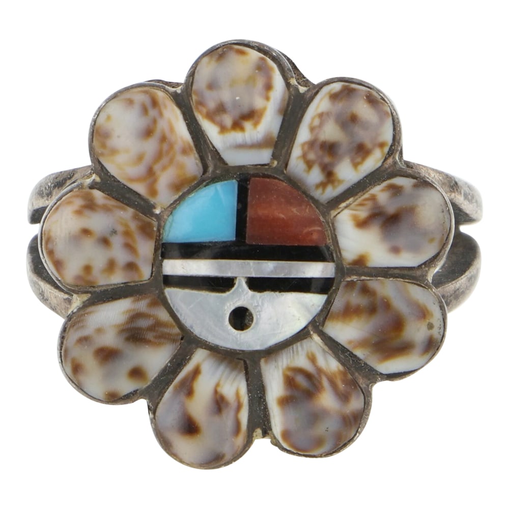 Zuni Turquoise Coral Mother of Pearl Acoma Jet & Shell Inlay Ring (1 of 3)