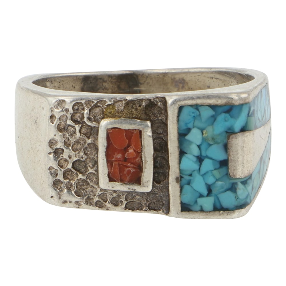 Vintage Navajo Turquoise & Coral Chip Inlay Ring: Sterling Silver | Genuine Turquoise & Coral | Vintage Navajo Turquoise & Coral Chip Inlay Ring | Navajo Native American Southwest Indian Jewelry | Good (no breaks or damages) | Approximate Weight: