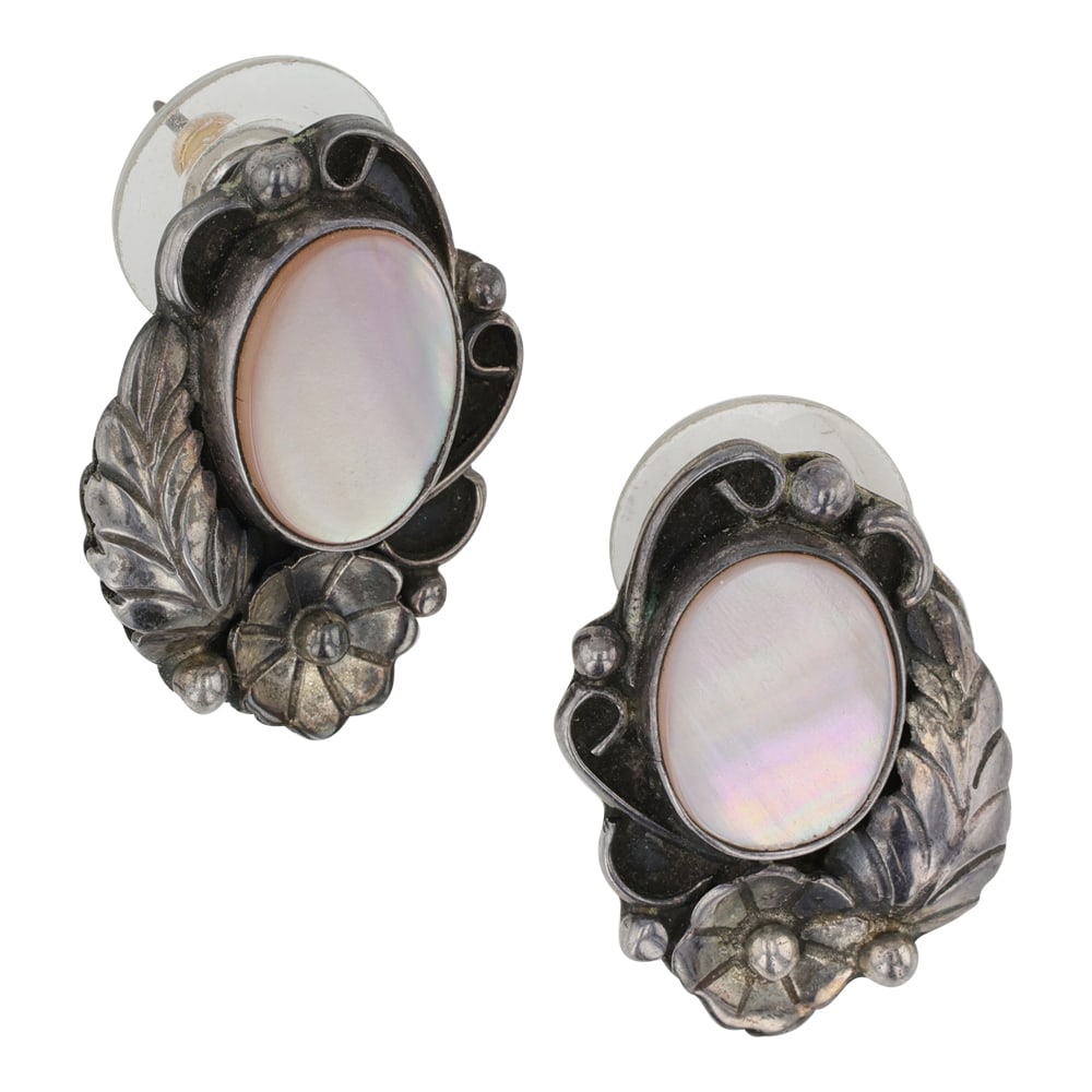 Roy B. Platero Navajo Pink Mussel Shell Earrings: Sterling Silver | Genuine Pink Mussel Shell | Roy B. Platero Navajo Pink Mussel Shell Earrings | Navajo Native American Southwest Indian Jewelry | Good (no breaks or damages) | Approximate Weight: