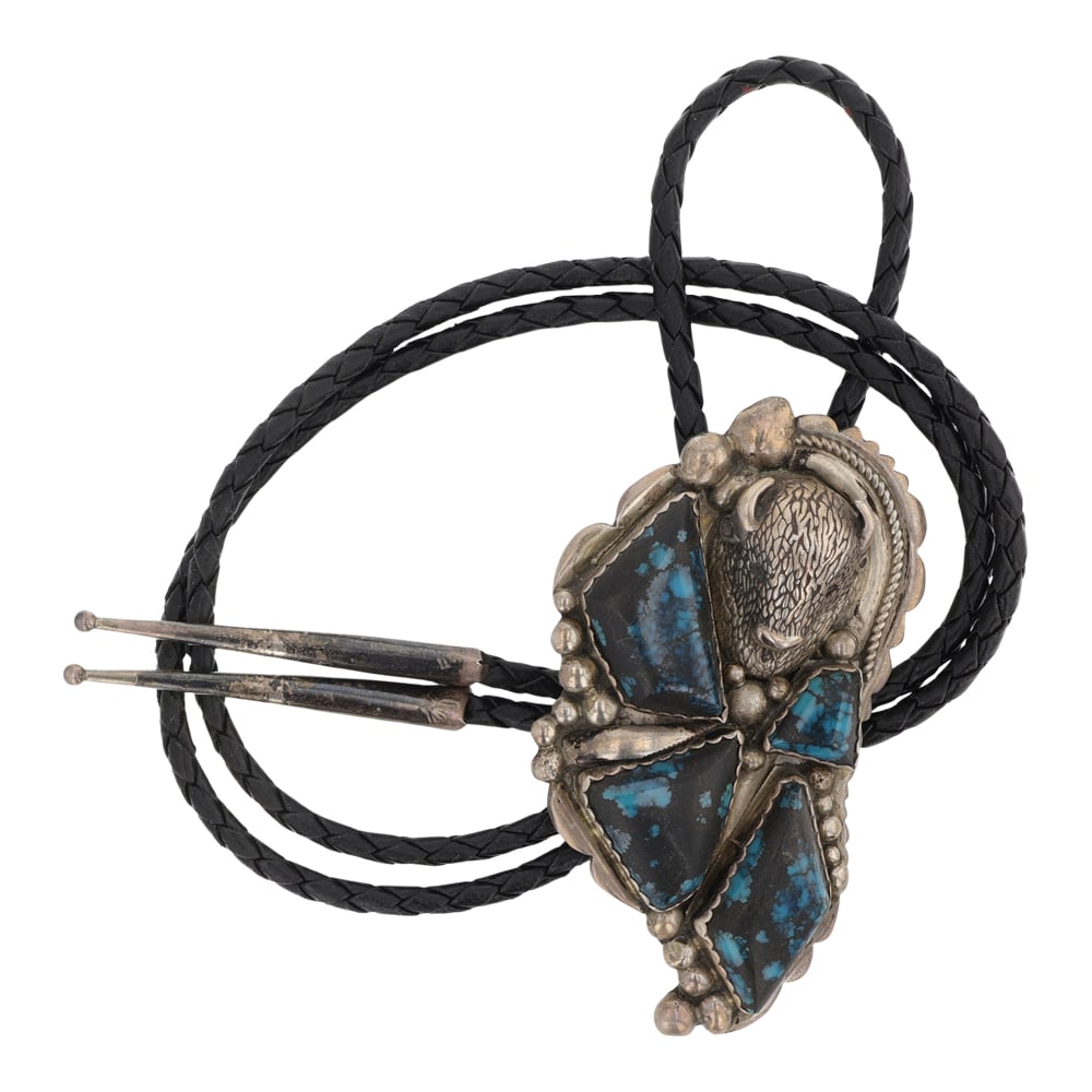 Ray Fierro Navajo Spiderweb Turquoise Detailed Bison Bolo Tie: Sterling Silver | Genuine Turquoise | Ray Fierro Navajo Spiderweb Turquoise Detailed Bison Bolo Tie | Navajo Native American Southwest Indian Jewelry | Good (no breaks or damages) | Approximate Weight