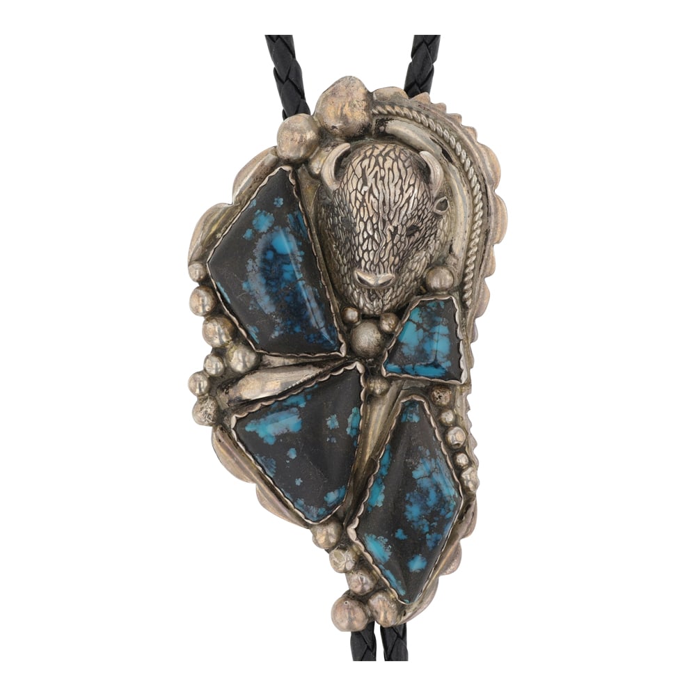 Ray Fierro Navajo Spiderweb Turquoise Detailed Bison Bolo Tie - 2