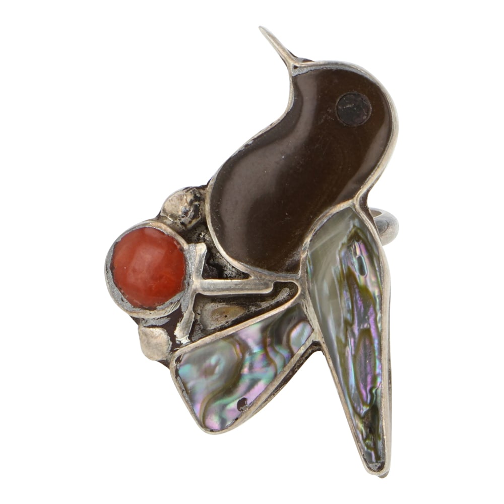 Vintage Zuni Coral & Shell Inlay Bird Ring: Sterling Silver | Genuine Coral & Shell | Vintage Zuni Coral & Shell Inlay Bird Ring | Navajo Native American Southwest Indian Jewelry | Good (no breaks or damages) | Approximate Weight: 3 Grams | Rin