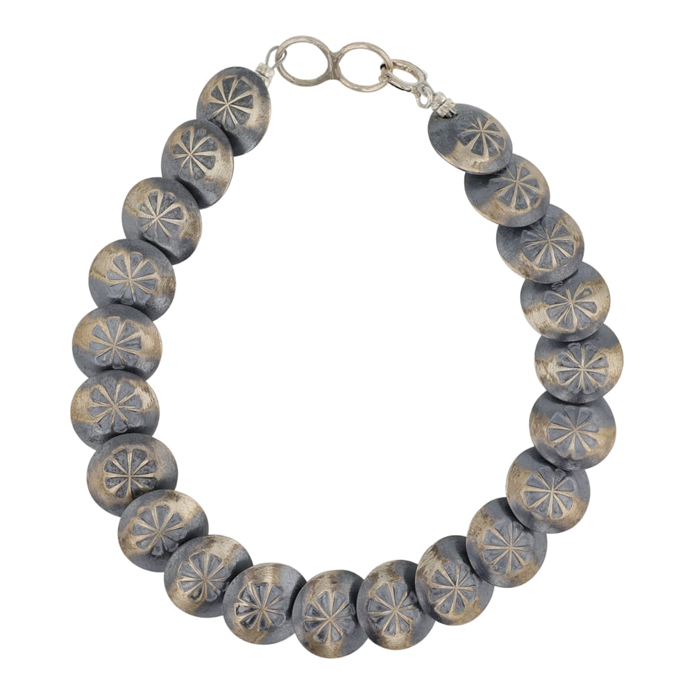 Navajo Stamp Work Pillow Beads Bracelet: Sterling Silver | | Navajo Stamp Work Pillow Beads Bracelet | Navajo Native American Southwest Indian Jewelry | Good (no breaks or damages) | Approximate Weight: 22 Grams | Bracelet: 8" length, .5" fa