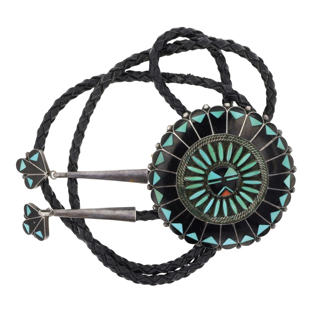 Vintage Zuni Sleeping Beauty Turquoise Coral & Acoma Jet Needlepoint & Channel Inlay Bolo Tie: Sterling Silver | Genuine Sleeping Beauty Turquoise, Coral & Acoma Jet | Vintage Zuni Sleeping Beauty Turquoise Coral & Acoma Jet Needlepoint & Channel Inlay Bolo Tie | Navajo Native American Southwes