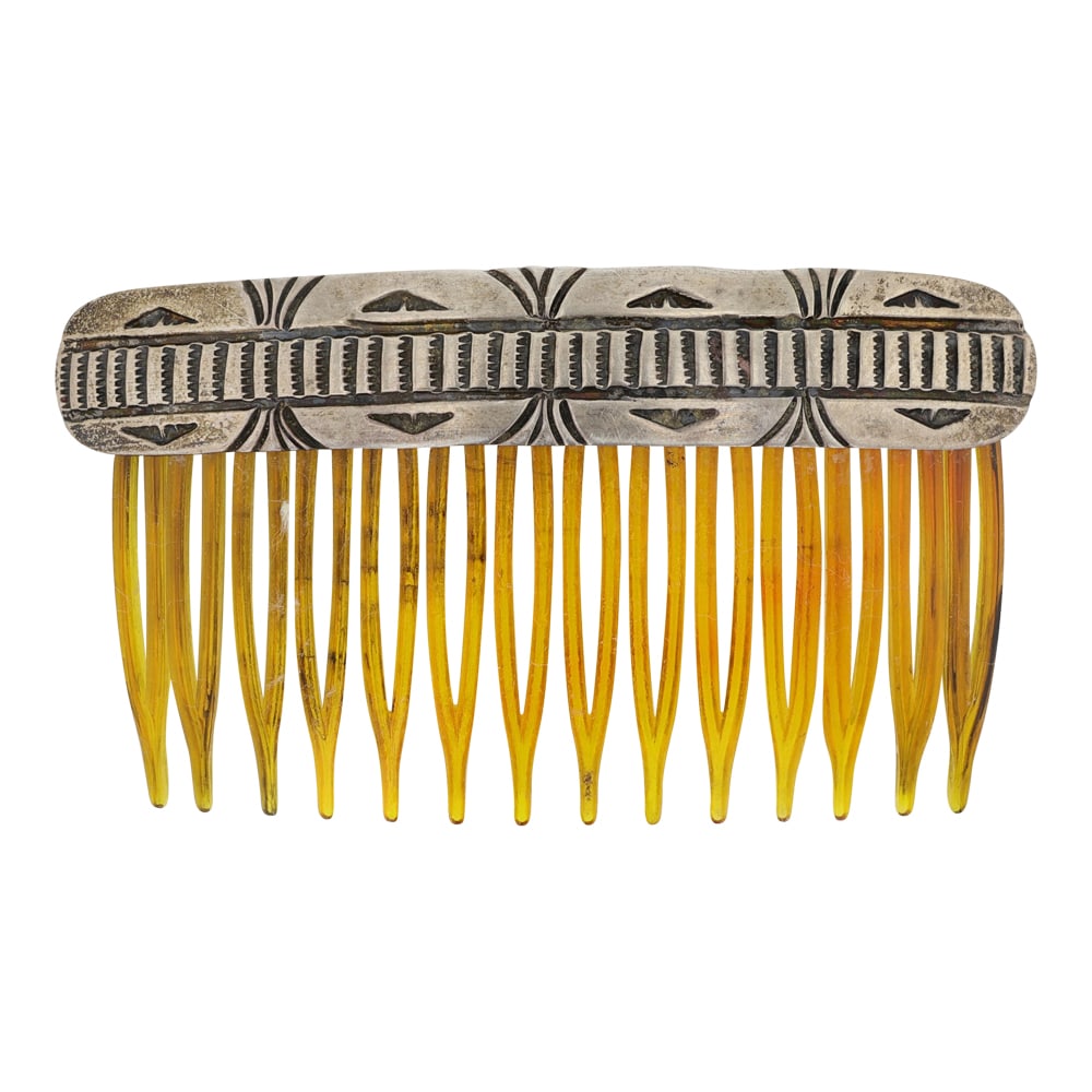 Vintage Navajo Stamp-Work Hair Barrette: Sterling Silver | | Vintage Navajo Stamp-Work Hair Barrette | Navajo Native American Southwest Indian Jewelry | Good (no breaks or damages) | Approximate Weight: 14 Grams | Hairclip: 3.25" x 1.25" |