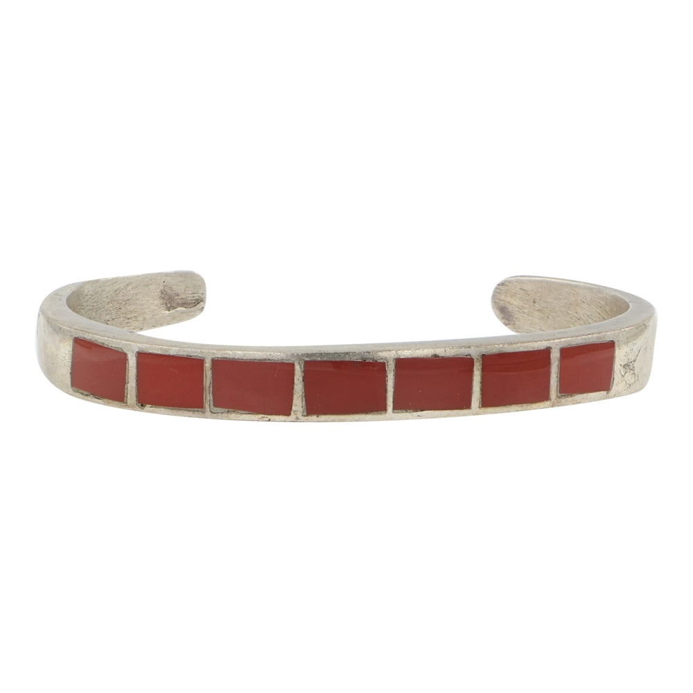 Vintage Zuni Mediterranean Coral Inlay Bracelet: Sterling Silver | Genuine Mediterranean Coral | Vintage Zuni Mediterranean Coral Inlay Bracelet | Navajo Native American Southwest Indian Jewelry | Good (no breaks or damages) | Approximate Weight: 22