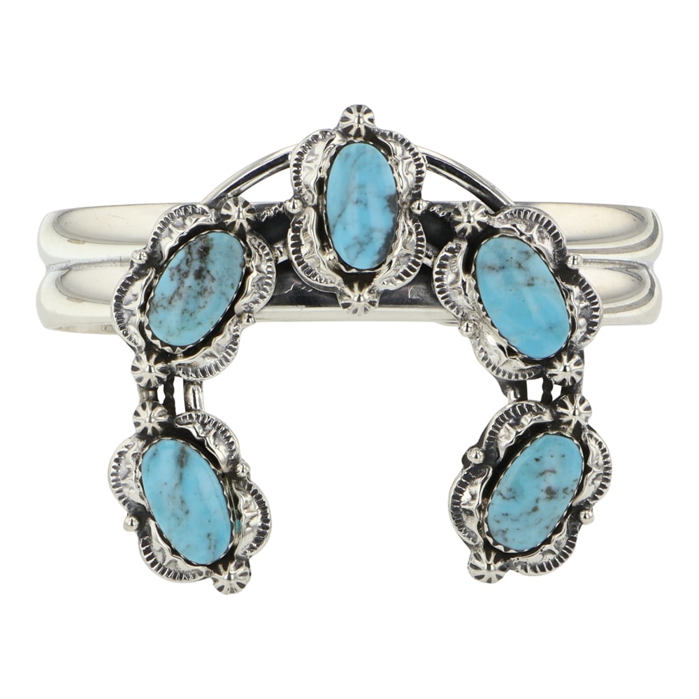 RB Navajo Compitos Turquoise Naja Cuff Bracelet: Sterling Silver | Genuine Compitos Turquoise | RB Navajo Compitos Turquoise Naja Cuff Bracelet | Navajo Native American Southwest Indian Jewelry | Good (no breaks or damages) | Approximate Weight: 50