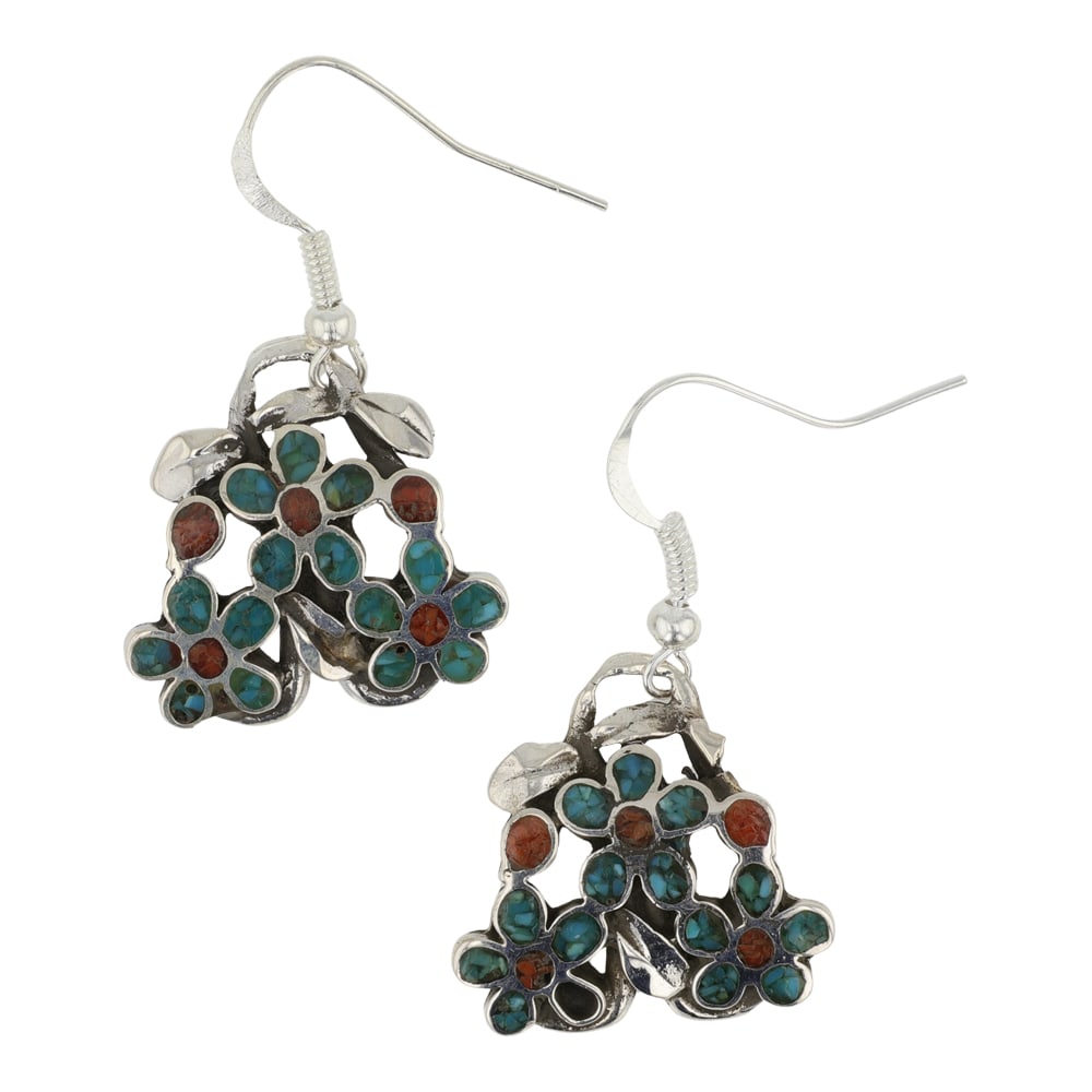 Vintage Navajo Turquoise & Coral Chip Inlay Earrings (1 of 2)