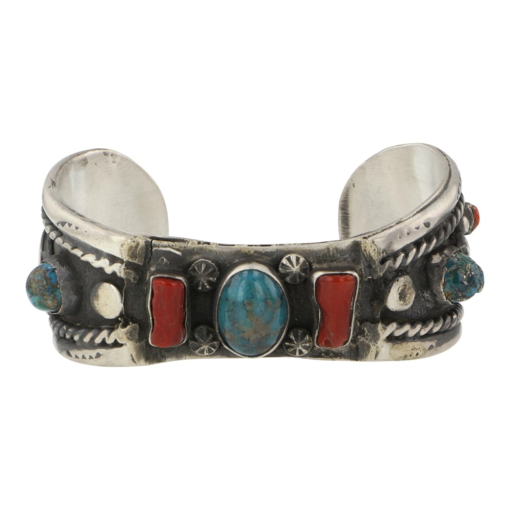 Vintage Navajo Turquoise & Coral Cuff Bracelet (1 of 4)
