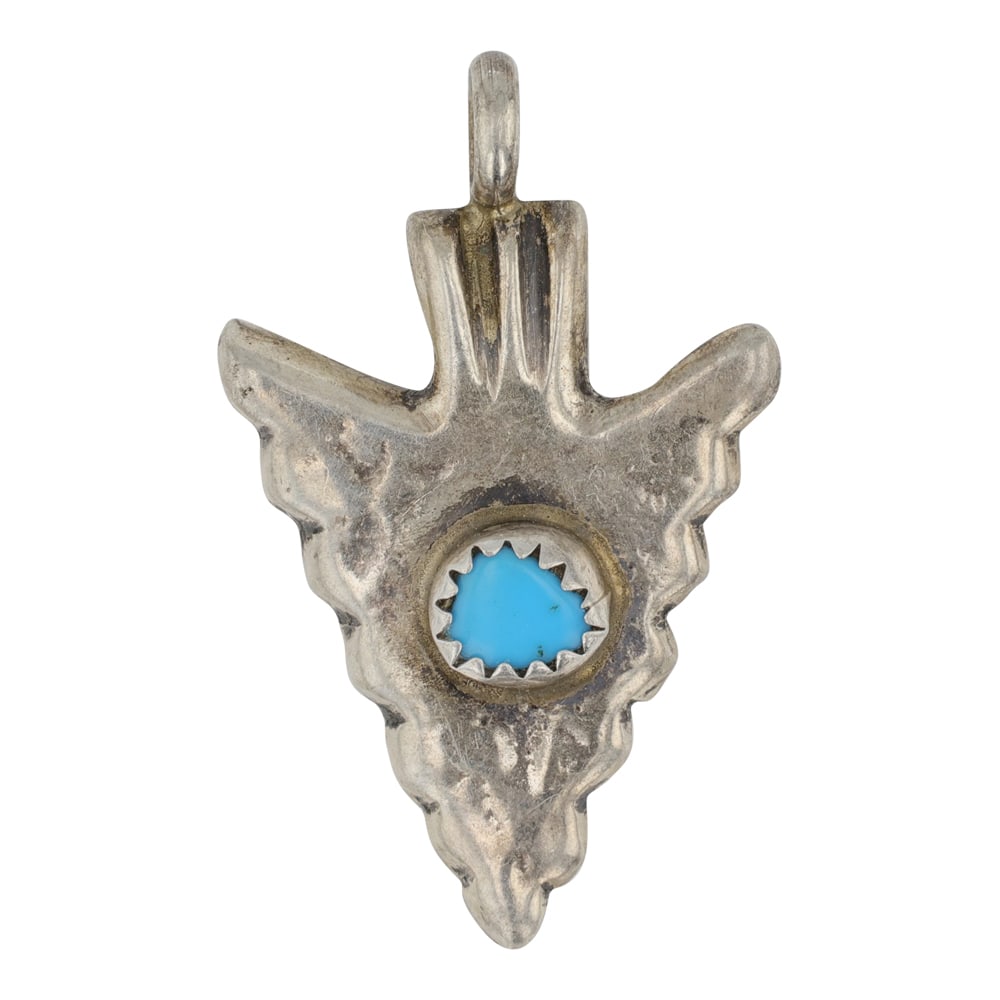 Vintage Navajo Kingman Turquoise Arrowhead Pendant: Sterling Silver | Genuine Kingman Turquoise | Vintage Navajo Kingman Turquoise Arrowhead Pendant | Navajo Native American Southwest Indian Jewelry | Good (no breaks or damages) | Approximate
