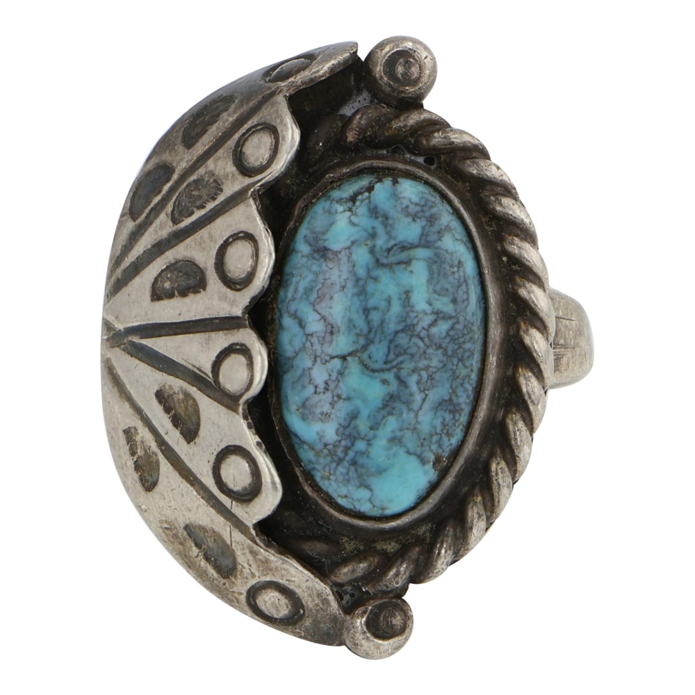Vintage Navajo Turquoise Ring: Sterling Silver | Genuine Turquoise | Vintage Navajo Turquoise Ring | Navajo Native American Southwest Indian Jewelry | Good (no breaks or damages) | Approximate Weight: 7 Grams | Ring: 6 size, 1" x .