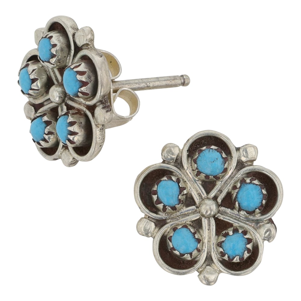 Genuine Kingman Turquoise Flower Earrings: Sterling Silver | Genuine Kingman Turquoise | Genuine Kingman Turquoise Flower Earrings | Navajo Native American Southwest Indian Jewelry | Good (no breaks or damages) | Approximate Weight: 1.5