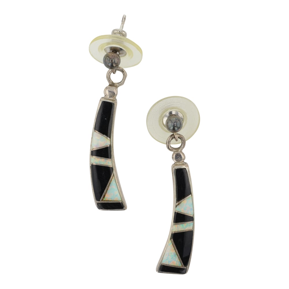 Navajo Synthetic Opal & Acoma Jet Inlay Earrings: Sterling Silver | Synthetic Opal & Acoma Jet | Navajo Synthetic Opal & Acoma Jet Inlay Earrings | Navajo Native American Southwest Indian Jewelry | Good (no breaks or damages) | Approximate